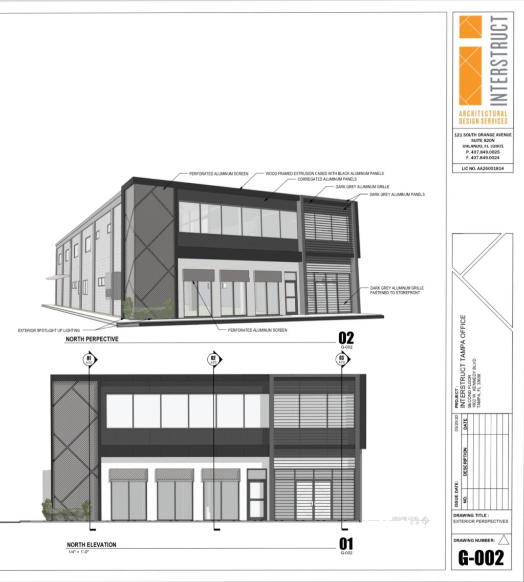 Black and white architectural rendering of modern two-story office building.