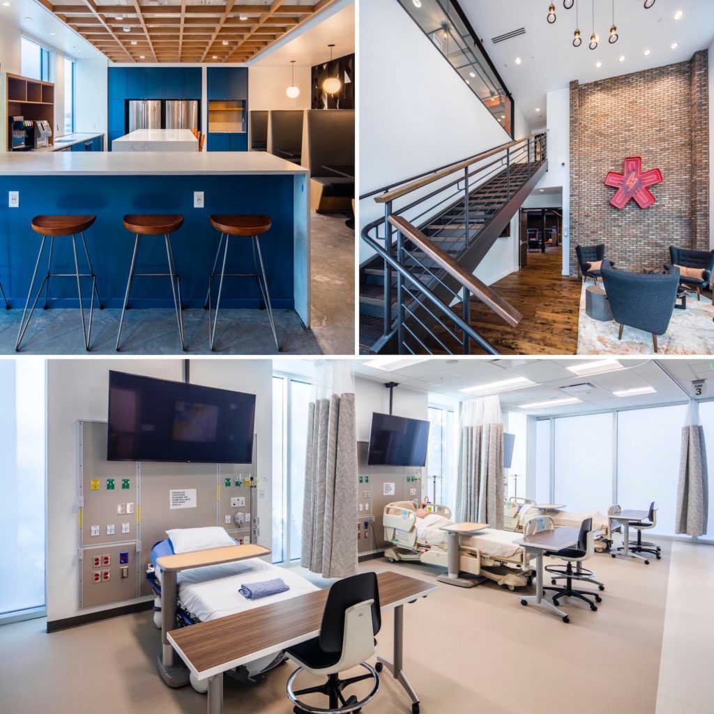 sleek new office interior, adaptive reuse office atrium with brick and natural light, hospital beds in new medical office tower